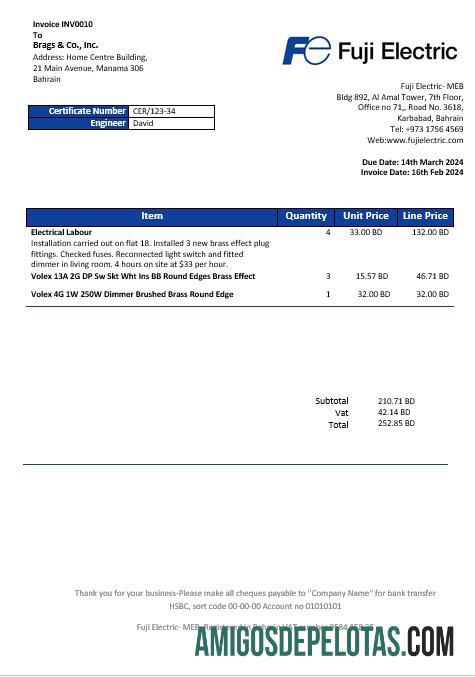 Em branco modelo de conta de serviço público de eletricidade Bahrain Falcon Electrical S.P.C em formato Word e PDF